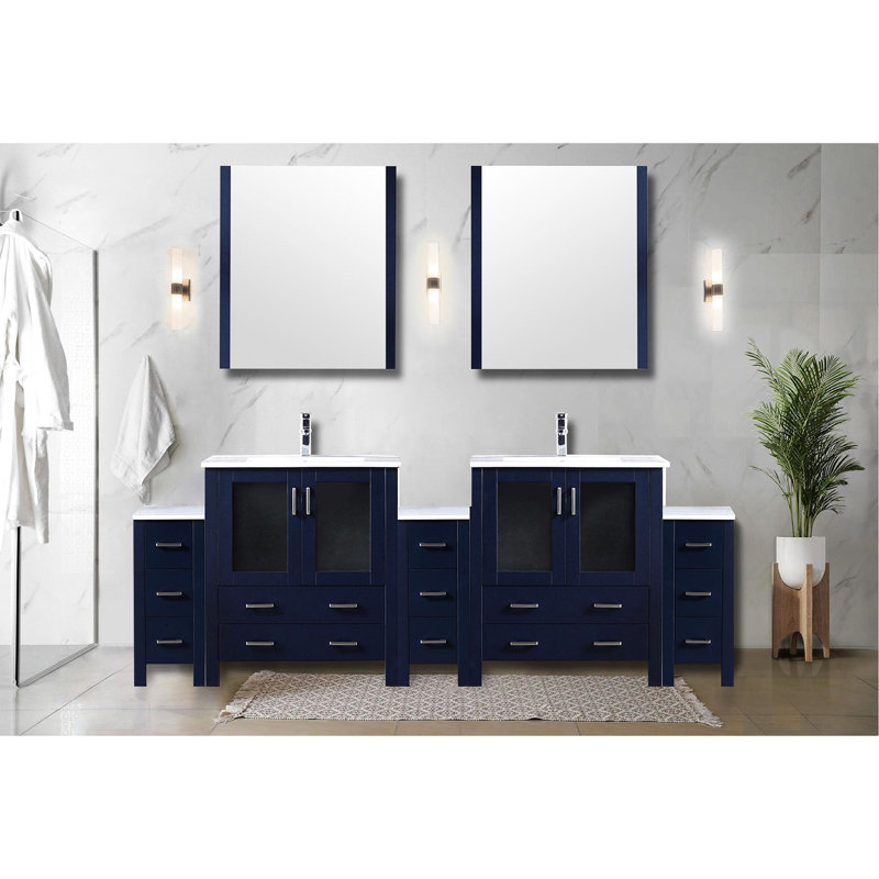 Meuble-lavabo double, bleu marine, 96 po L, 17,9 po, comptoir en céramique blanche, 28 miroirs, fermeture en douceur, meuble-lavabo l x P bleu avec armoires latérales, surface, fonction, intérieur spacieux