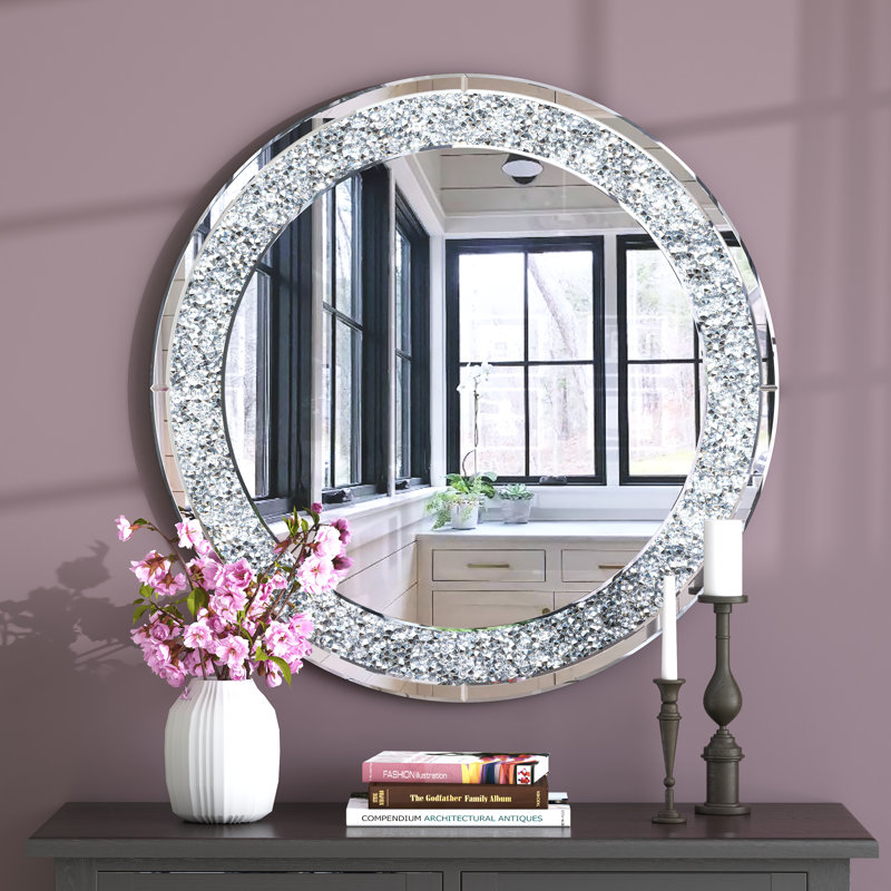 Glass Round Wall Mirror Diamond Framed Venetian Accent Mirror 80x80cm