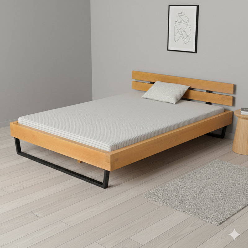 Structure de lit grand format en bois de pin, disponible en couleurs naturelles et noires.