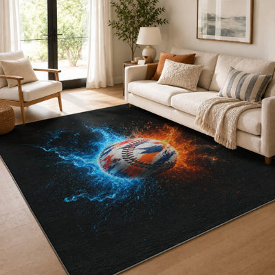 1Pcs - Baseball dynamique, feu de glace, éclats d'énergie - lavable et facile d'entretien, grand tapis mince, envers antidérapant, pour le salon, la chambre à coucher, la cuisine, le bureau à l'intérieur pour la maison
