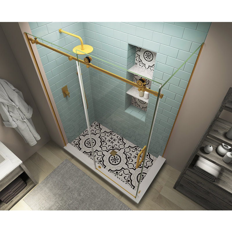 Coraline XL 60" - 64" W x 30" D x 80" H Frameless Rectangle Sliding Shower Enclosure, Right, Brushed Gold