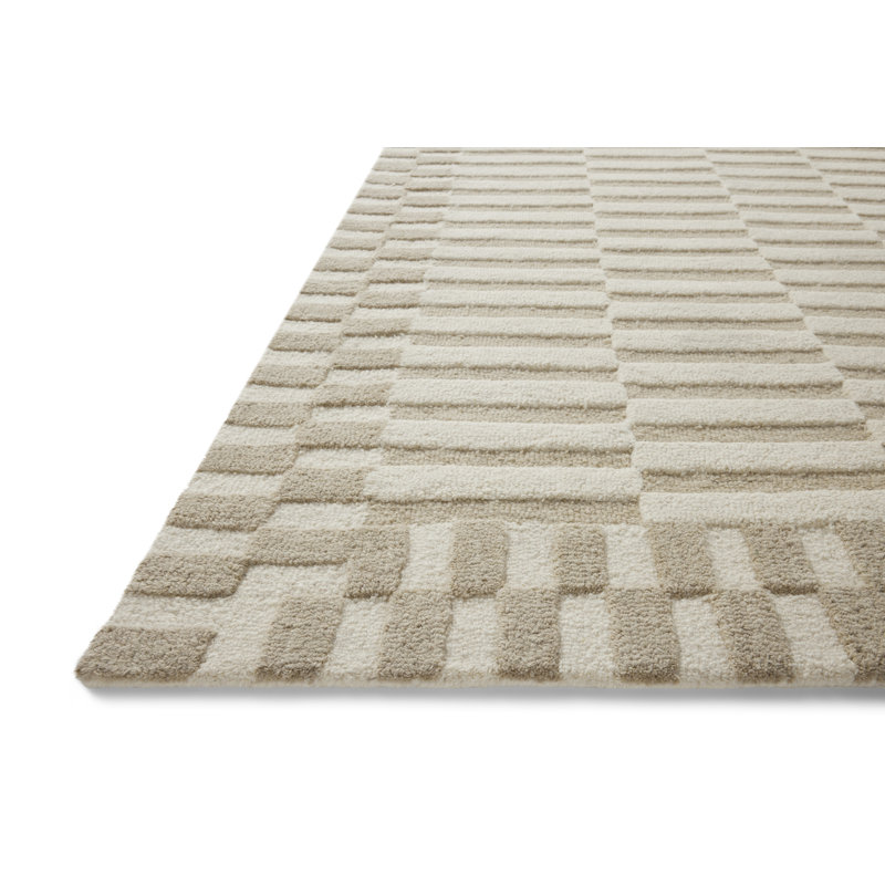 Ivory and Beige Handmade Wool Striped Rectangular Rug 11'6" x 15'