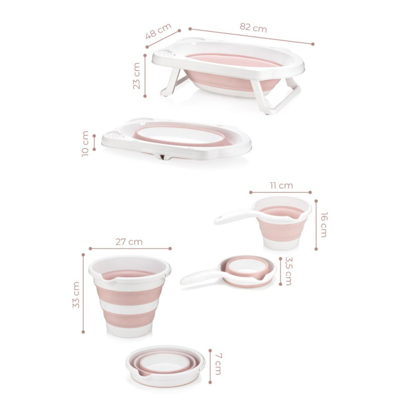 Ensemble de baignoire pour bébé pliable (3 pièces), blanc et rose, 32,3 x 18,9 x 9,1 pouces | 100% plastique, comprend un seau (10,6 x 13,0 x 2,8 pouces) et une rallonge (4,3 x 6,3 x 1,2 pouces) | Parfait pour un bain facile et un rangement peu encombrant