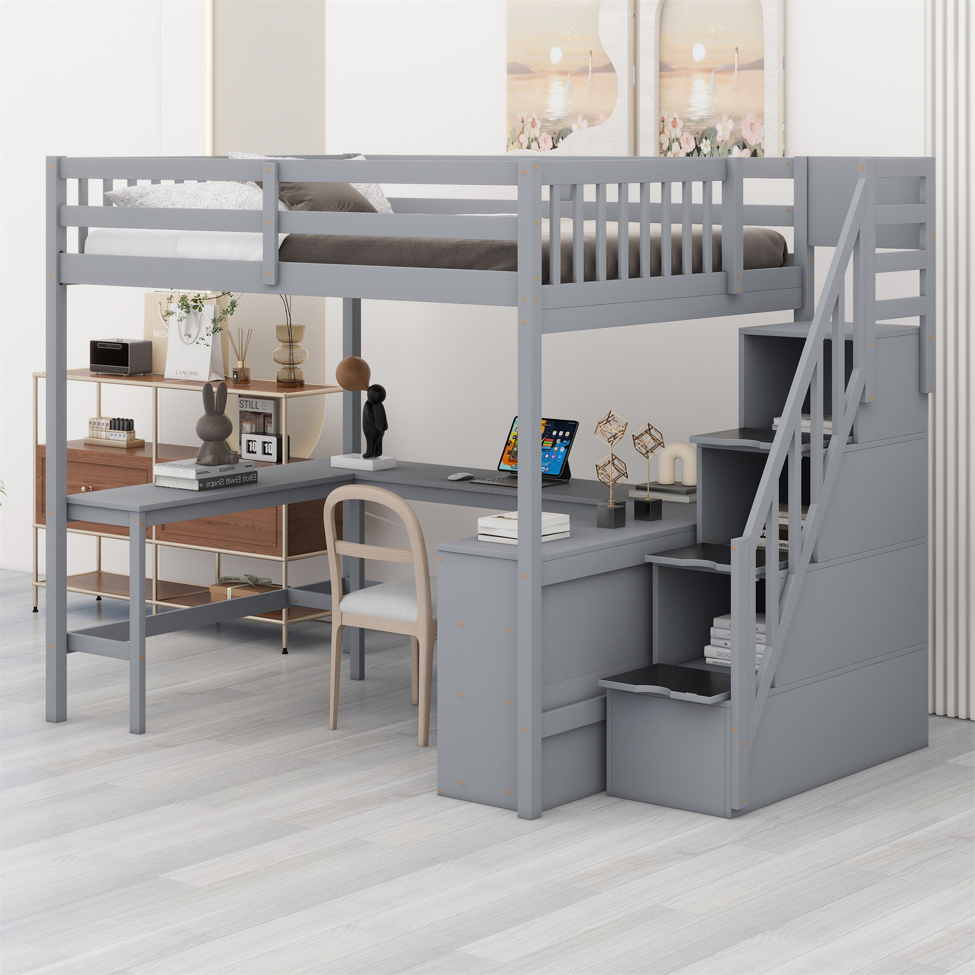 Harriet Bee Loft Bed With Built-In L-Shaped Desk And Three-Tier Storage ...