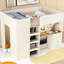 Lit mezzanine en bois beige avec bureau, garde-robe et rangement