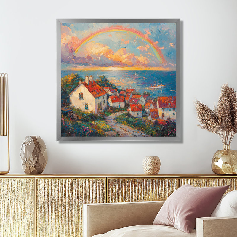 Dovon Coastal Rainbow Over The Fishing Village I - art mural toile arc-en-ciel, H 36 po x l 36 po, Picture Framed