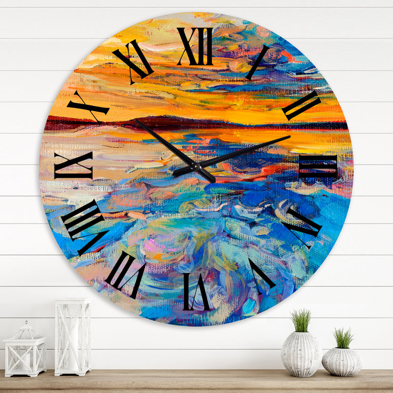 Orange coucher de soleil sur des vagues bleues - horloge murale nautique et côtière, Grand