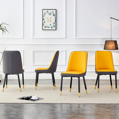 Chaise de salle à manger moderne, groupe 4, dossier en cuir de polyuréthane gris-jaune, pieds en métal, coussin de siège épais pour un siège agréable dans la cuisine, la chambre à coucher, le bureau de 4 personnes et le siège, rembourrage confortable