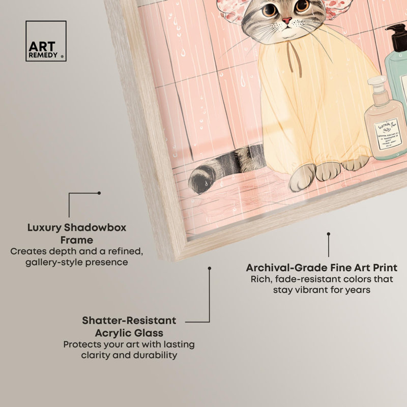 Douche, chat, animaux de compagnie, reproduction d'art par Shadowbox, H 46 po x l 37 po, Crème