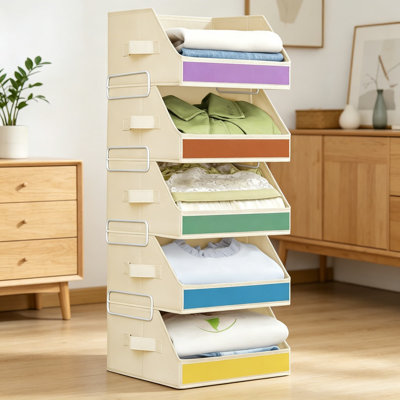 Organisateur de rangement à 5 niveaux avec étiquettes hebdomadaires, bacs de rangement empilables avec structure en métal, bacs pliables pour enfants et adultes, beige