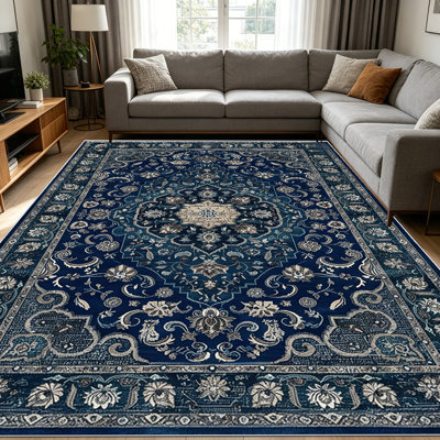 Tapis à motif floral bleu marine persan 1pc pour salon, doux et confortable, convenant à toutes les saisons, facile à entretenir, lavable à la machine, tapis de dessous de table convenant à la table à manger, à la chambre à coucher, au vestibule,