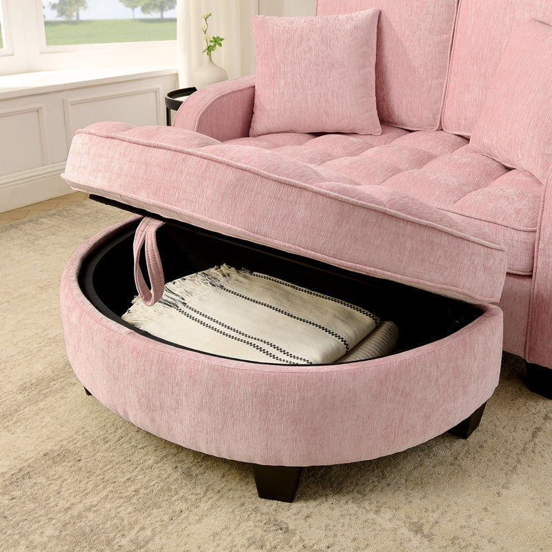 Chaise longue rembourrée avec deux coussins décoratifs et un espace de rangement, Rose