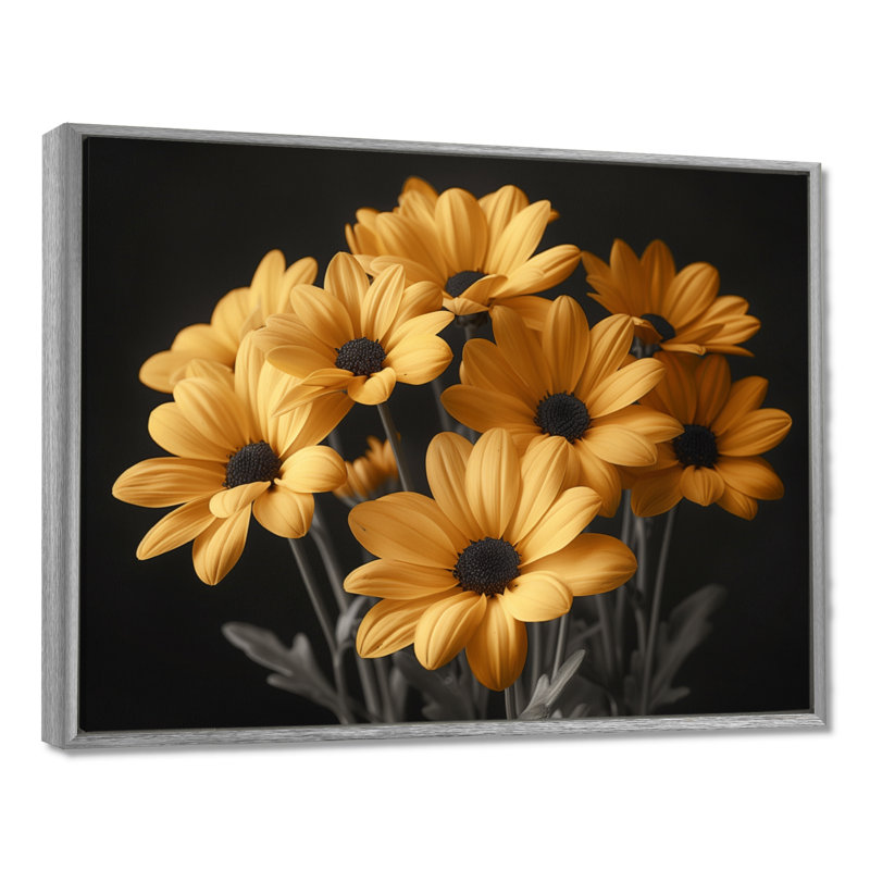  «Yellow Black Fragrant Fusion Mums - Mums, art mural, H 12 po x l 20 po, Cadre argenté flottant, bois massif