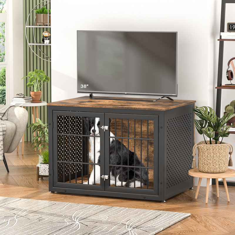 42 Inch Dog Crate Furniture, Decorative Pet House Furniture Indoor, Wooden Metal Dogs Cage Pet House End Side Table TV Stand