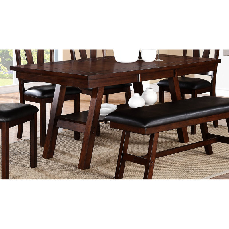 Transitional Rectangular Dark Walnut Table, With Open Shelf, Rubberwood Shelf Dining Constructed Of