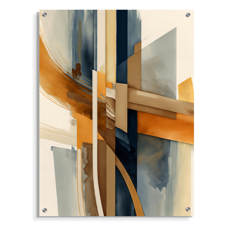 Abstrait moderne moderne bleu et or - art mural abstrait transitionnel en acrylique pour le salon, H 32 po x l 16 po