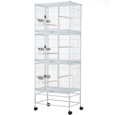 74 Inch Triple‑Stacked Metal Bird Cage on Rolling Stand, Carbon Steel 3‑Compartment Large Aviary Cage with Perches & Feeder Bowls, for Parakeets, Cockatiels, Black & White Options