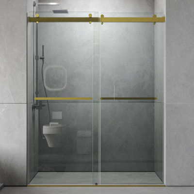Porte de douche sans cadre de 56 à 60 po x H 76 po, porte de douche coulissante double avec verre trempé épais de 3/8 po (10 mm) de qualité supérieure, acier inoxydable