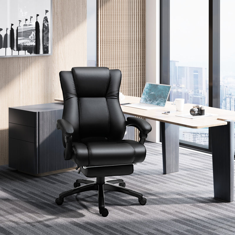 Chaise de bureau à haut dossier en similicuir noir - hauteur de siège réglable, repose-pieds rétractable, profondeur de travail de 27,29 po,