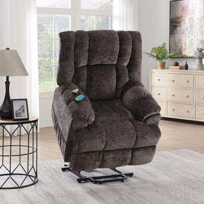 Fauteuil inclinable électrique Pacay en chenille brun avec fonction de levage, de chauffage et de massage