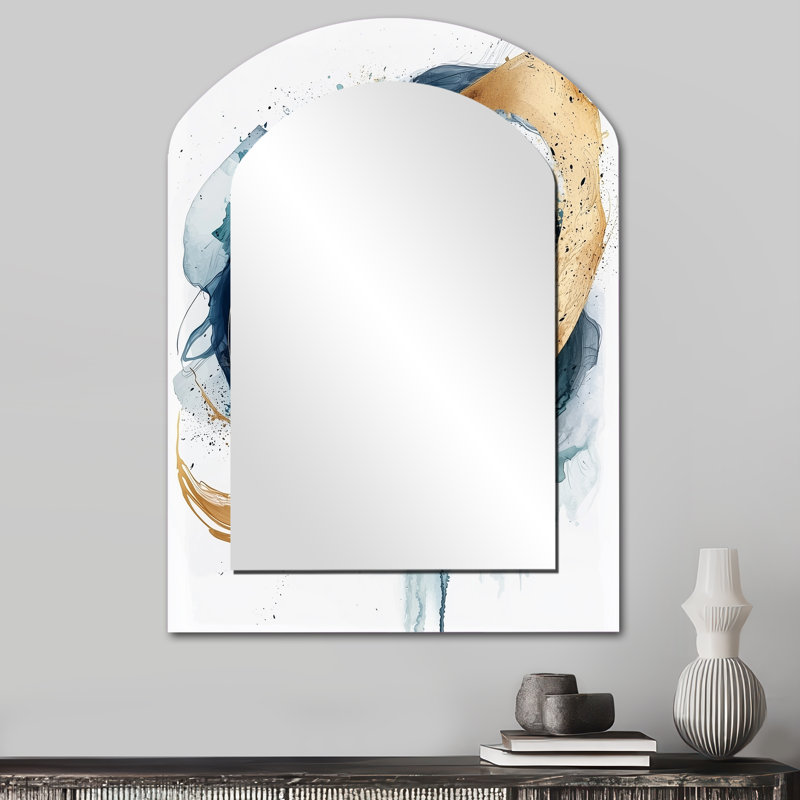 Abstract Gold And Blue Underwater Life II - Abstract Shapes Asymmetrical Decorative Mirror, Modern Arch Wall Mirror, Printed Metal Art