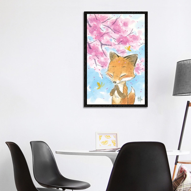 Cherry Blossom Fox by Martin Hsu - Painting on Canvas, 101.6 cm H x 66.04 cm W, Black Framed