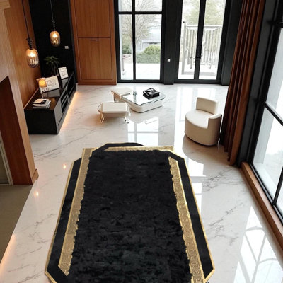 Luxury Black Toscana Sheepskin Rug With Gold Greek Border, Handmade Soft Fur Carpet, Custom Size Natural Fur Rug For Hall Or Entryway_2 X 3 Ft