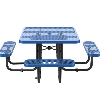 Table de pique-nique carrée bleue de 117 cm (46 pouces) avec trou pour parasol, plateau en maille d'acier de 2,5 mm pour un confort optimal à l'extérieur, pieds tubulaires de 482 mm pour une stabilité accrue, revêtement en poudre et immersion à chaud pour une résistance optimale aux intempéries, installation incluse