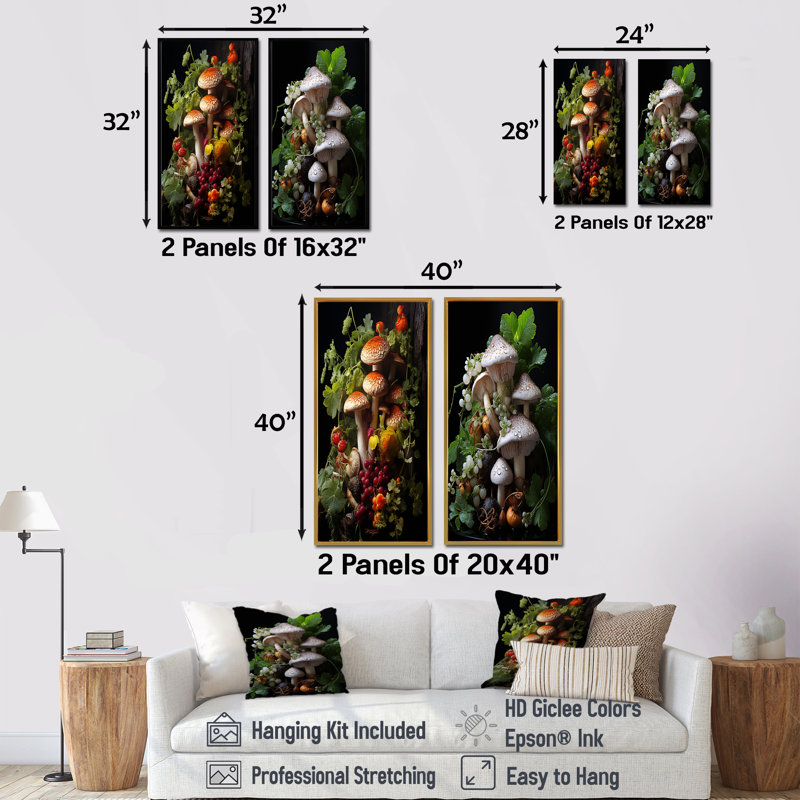 Panier de champignon, peinture I - champignon, art mural, ensemble de 2, Cadre blanc, H 40 po x l 41 po
