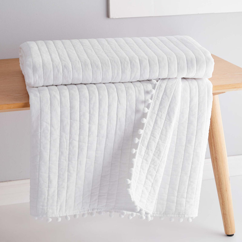 Pom Pom White Quilted Throw