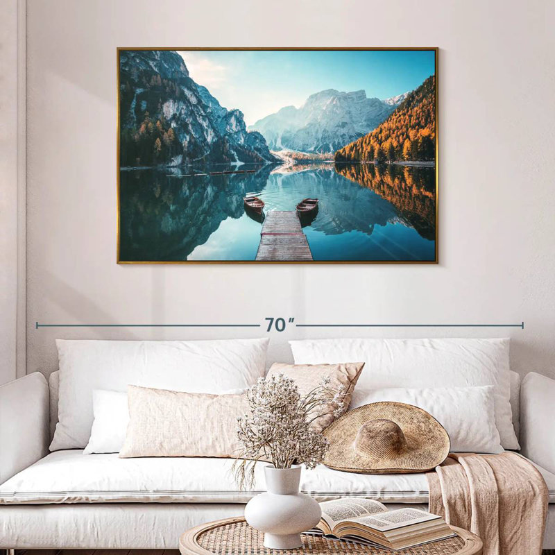 Jetée du lac Braies, 46 po x 31 po, Cadre flottant doré