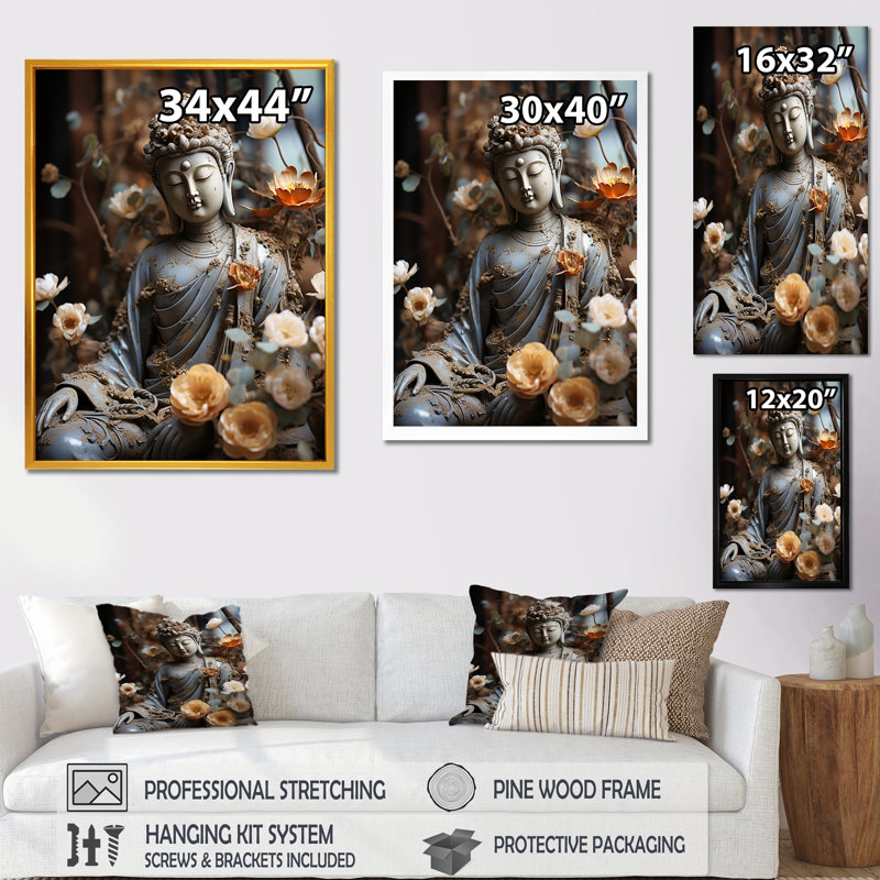 Sentiers illuminés Bouddhisme au Temple III - Bouddhisme, art mural, Cadre doré simple, H 32 po x l 16 po x P 1 po