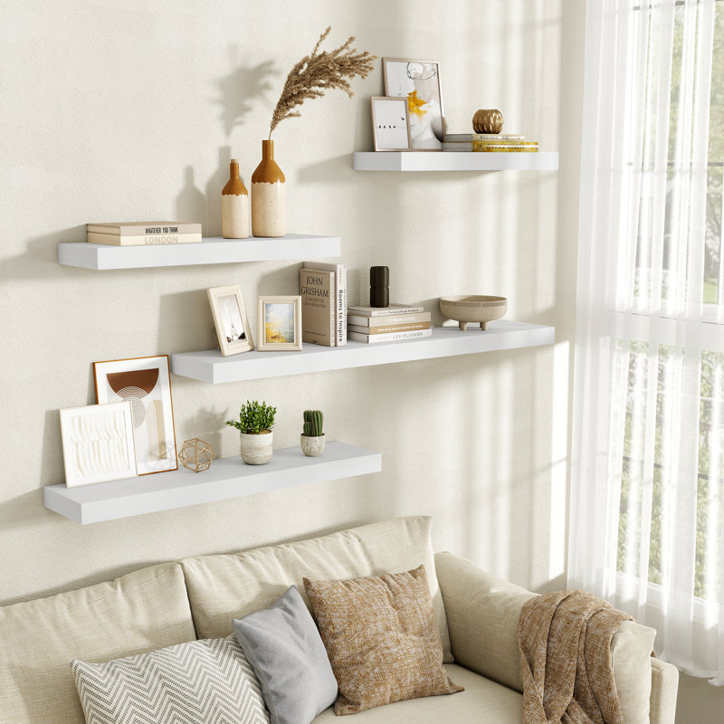 2-Piece Modern Floating Wall Shelves Decorative Storage Shelving for Home Wall Display, White