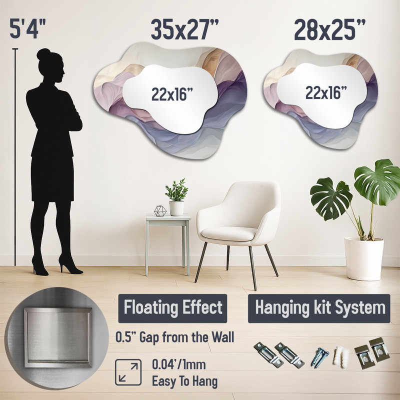 Lavender Soft Tones Digital Flow - Abstract Asymmetrical Decorative Mirror, Modern irregular Wall Mirror, Printed on Metal