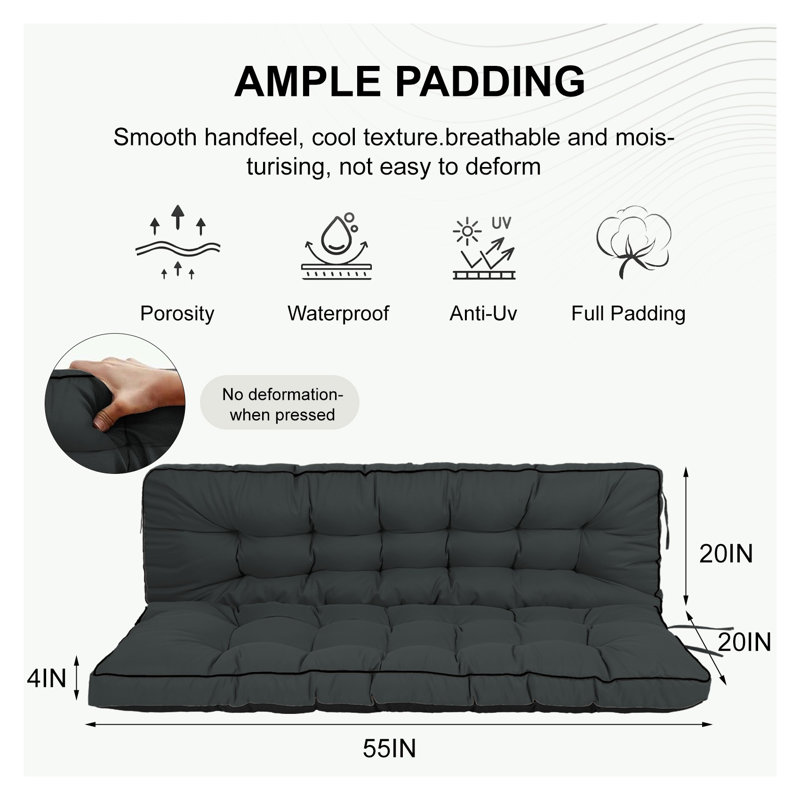 3-Seater Outdoor Porch Swing Cushion with Backrest, 55x40x5 Inch, Dark Grey