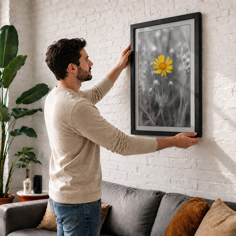 Solitary Yellow Bloom Modern - Framed Print, A2 - 59.4 x 42.0 cm, Walnut