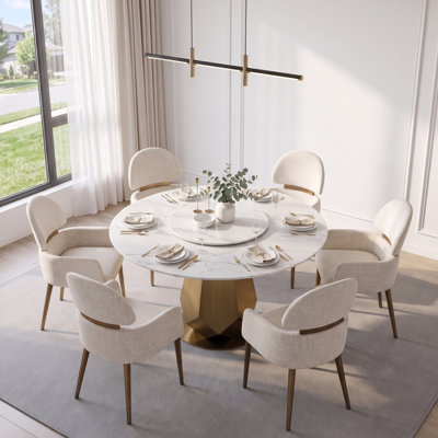 7 Piece Round Dining Table Set with 23" Lazy Susan & 6 Fabric Cahirs