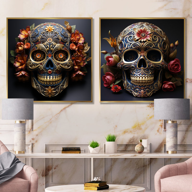 Or floral, crâne mexicain I - ensemble de 2 reproductions d'art mural tête de mort, Encadrement doré