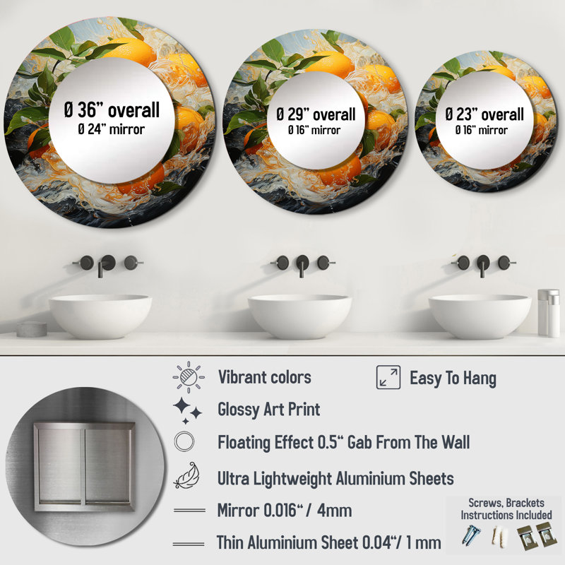 «Sarvey Orange Tropical Twist» - miroir mural unique aux fruits, miroir rond traditionnel, impression sur métal