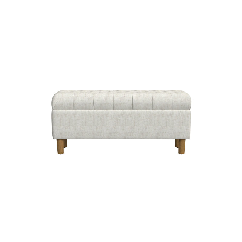 Button Tufted Storage Bench with Cone Wood Legs, Cream Textured