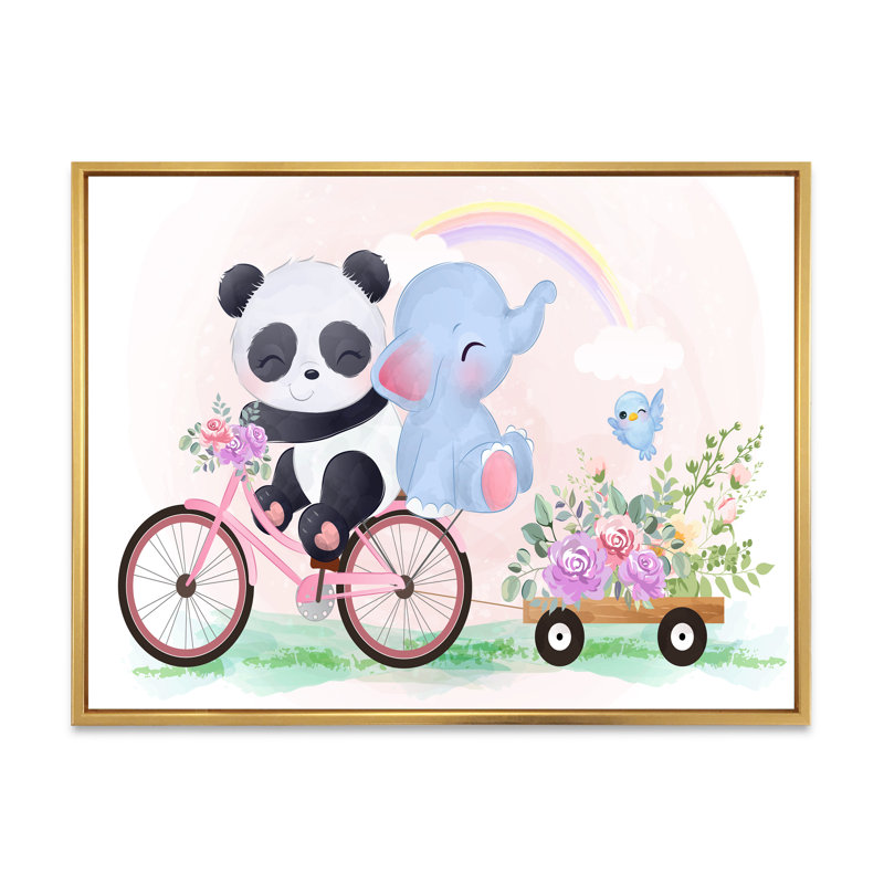 Mignon panda et éléphant sur un vélo - Cadre photo, impression sur toile, H 24 po x l 36 po x P 1 po, Cadre flottant doré