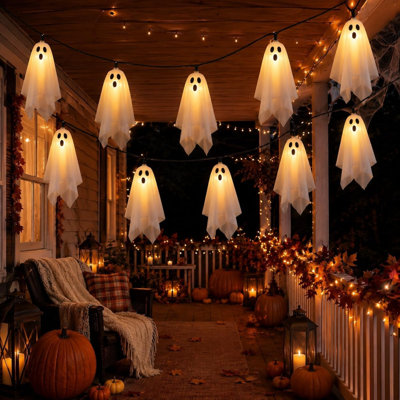 Halloween Ghost String Lights Outdoor, White Fabric Hanging Ghost Lights 10 LED White Ghost Lights Plug-in Connectable Waterproof UL Listed for Tree Porch Yard Patio Party Decor
