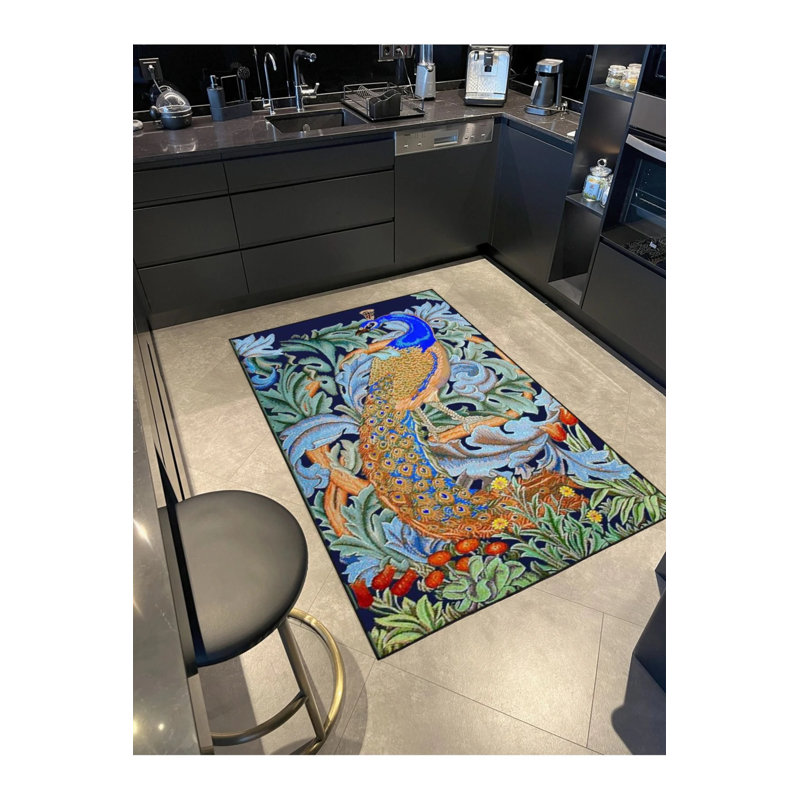 Tapis décoratif et tissé avec motifs de feuilles et d'oiseaux, Rond 3 pi 4 po