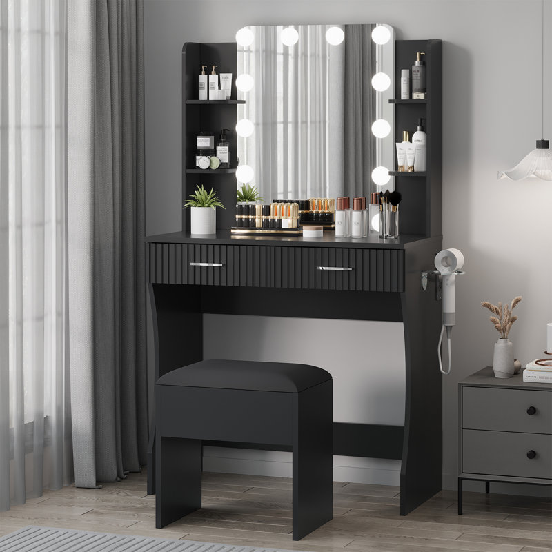 Makeup Vanity Desk with Mirror & 12 LED Lights, Vanity Table with Power Outlet, 2 Drawers 6 Shelves, Hair Dryer Holder & Matching Stool, Modern Dressing Table with Large Storage for Bedroom,Black
