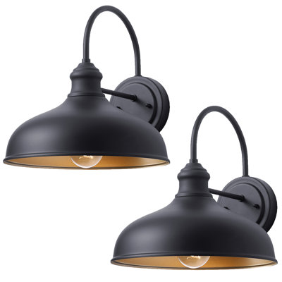 Ensemble de 2 lumières de grange à col-de-cygne noir mat - appliques murales d'extérieur avec intérieur en laiton, éclairage de ferme à l'épreuve des intempéries pour patio, porche et garage
