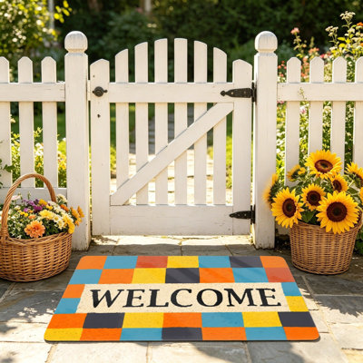 Colorful Checkerboard Welcome Doormat For Outdoor And Indoor, 24 X 36 In, Multicolor