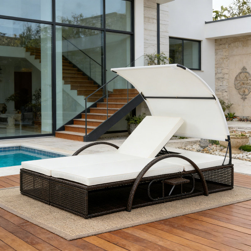 Outdoor Steel Frame Sun Lounger with Adjustable Backrest,Patio Double Sunbed with Hidden Side Table and Arched Armrests