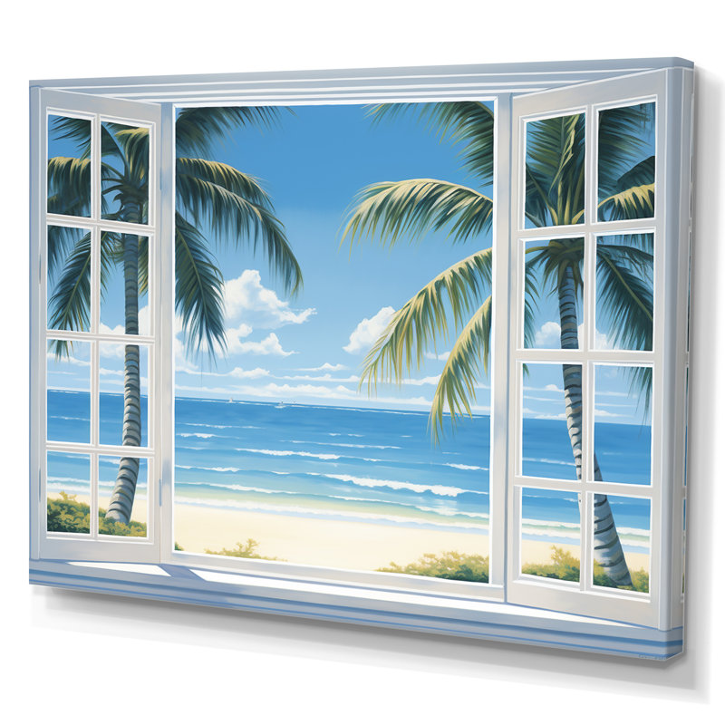 Vue sur l'océan par une fenêtre blanche ouverte I - art sur toile côtier, Toile tendue, H 30 po x l 40 po x P 1,5 po