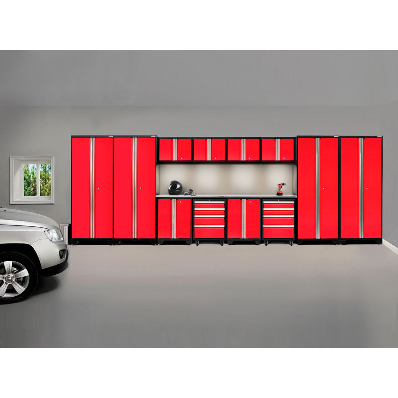 Bold Series 14 Pieces 76.75" H x 216" W x 18" D Garage Storage Cabinet Set, Bamboo, Red