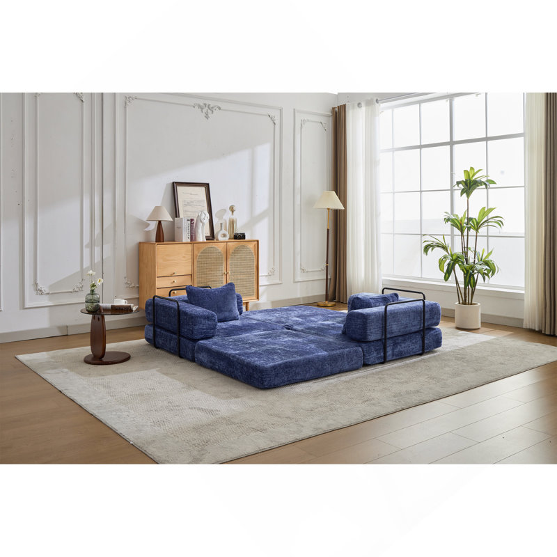 Canapé à compression, canapé-lit à plancher convertible avec structure de forme fixe, canapé modulaire désossé sans causeuse, sans assemblage requis, tissu chenille, pour chambre de salon, bleu foncé